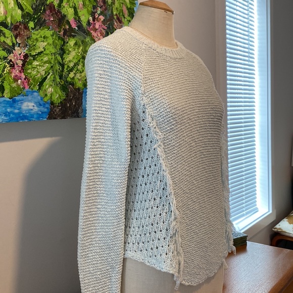 Kismet seafoam green crochet scoop neck sweater w/ princess fringe& Shirtail. S - Picture 5 of 8